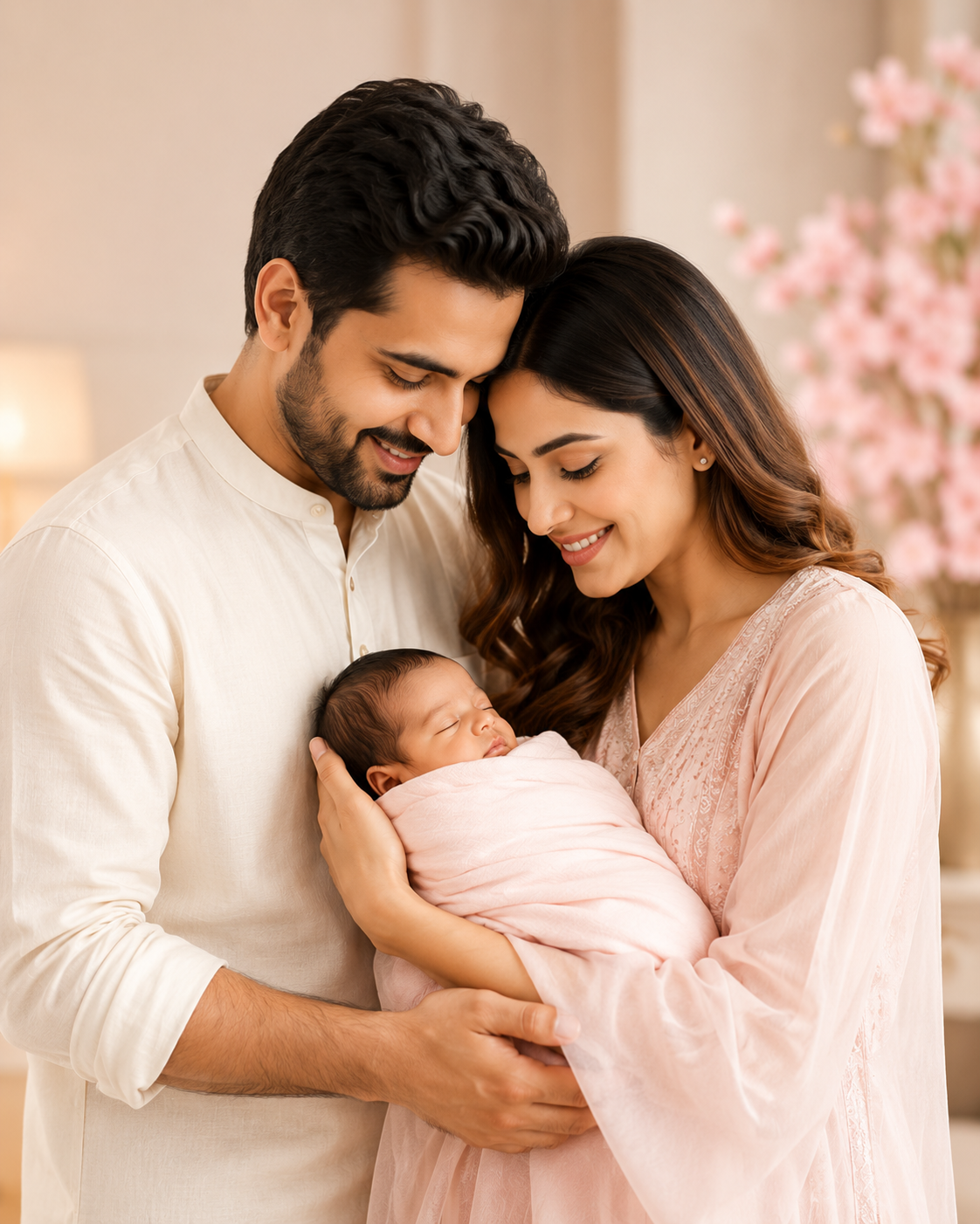 Happy parents holding their newborn baby after fertility treatment